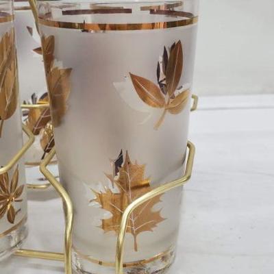 Set of 8 Mid Century Libby Gold Leaf Drinking Glasses, Carrier Rack, Vintage