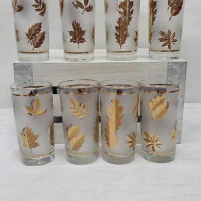 Set of 8 Mid Century Libby Gold Leaf Drinking Glasses, Carrier Rack, Vintage