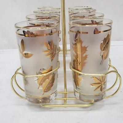 Set of 8 Mid Century Libby Gold Leaf Drinking Glasses, Carrier Rack, Vintage