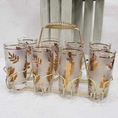 Set of 8 Mid Century Libby Gold Leaf Drinking Glasses, Carrier Rack, Vintage