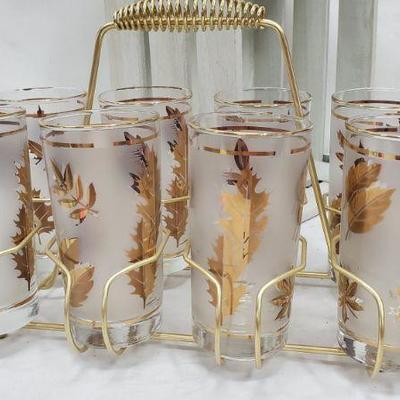 Set of 8 Mid Century Libby Gold Leaf Drinking Glasses, Carrier Rack, Vintage