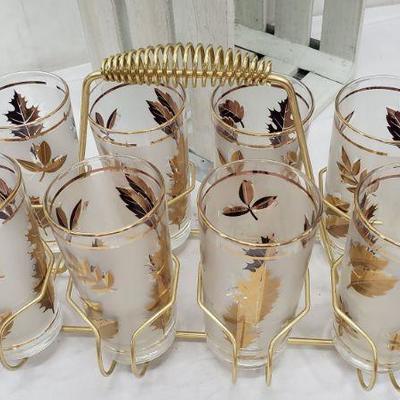 Set of 8 Mid Century Libby Gold Leaf Drinking Glasses, Carrier Rack, Vintage
