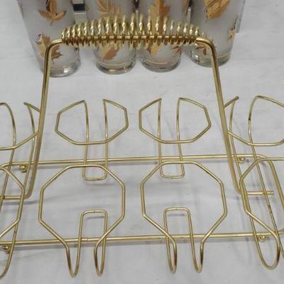 Set of 8 Mid Century Libby Gold Leaf Drinking Glasses, Carrier Rack, Vintage
