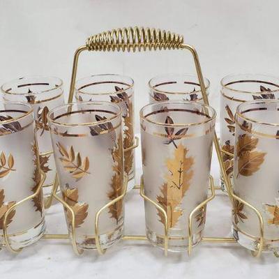 Set of 8 Mid Century Libby Gold Leaf Drinking Glasses, Carrier Rack, Vintage