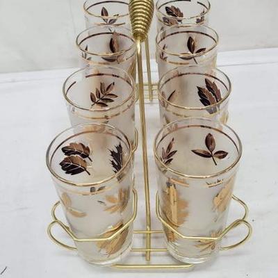 Set of 8 Mid Century Libby Gold Leaf Drinking Glasses, Carrier Rack, Vintage