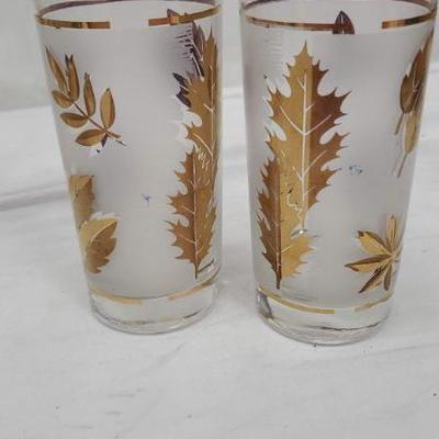 Set of 8 Mid Century Libby Gold Leaf Drinking Glasses, Carrier Rack, Vintage
