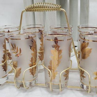 Set of 8 Mid Century Libby Gold Leaf Drinking Glasses, Carrier Rack, Vintage
