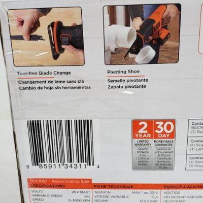 Black & Decker Reciprocating Saw, 20V Lithium Ion, Open Box - New