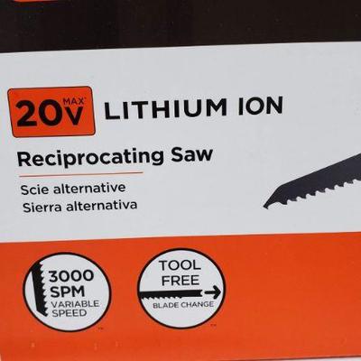 Black & Decker Reciprocating Saw, 20V Lithium Ion, Open Box - New