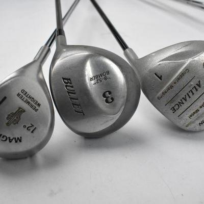 6 Various Golf Clubs Magique, Bullet, Alliance, 5 Drivers & an Iron
