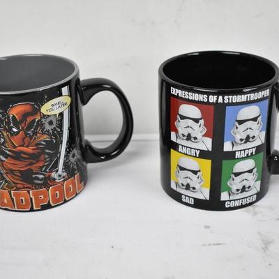 2 Large Coffee Mugs: Marvel Deadpool & Star Wars Stormtroopers. 20 oz each