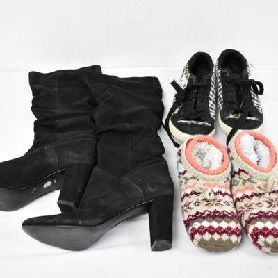 3 Pair Women's Shoes: Black Boots Size 7, DC Tennis Shoes Size 7.5, & Slippers