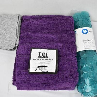 Purple Ribbed Bath Mat, Blue Shower Mat, 4 Wash Towels Gray - New