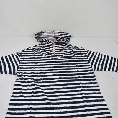 Striped Hoodie, Lightweight, White & Navy, Size Medium, Short Sleeve - New