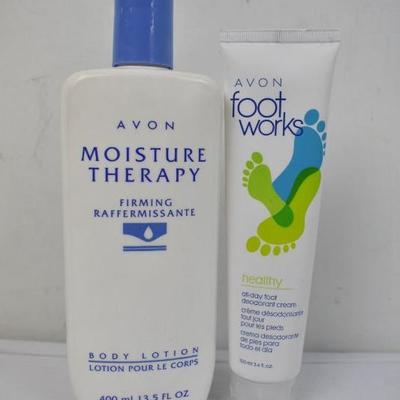 2 Avon Lotions: Moisture Therapy 13.5 oz & Foot Works Cream, 3.4 oz - New