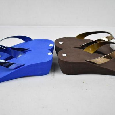 2 pairs of Wedge Heel Flip Flop Sandal Shoes, Blue & Brown, Sz Medium 7-8 - New