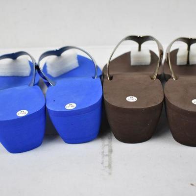 2 pairs of Wedge Heel Flip Flop Sandal Shoes, Blue & Brown, Sz Medium 7-8 - New
