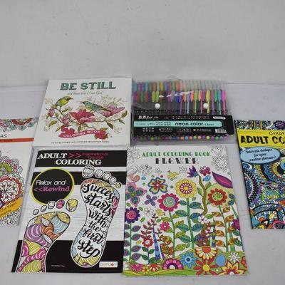 5 Adult Coloring Books & Neon Colored Pens - New