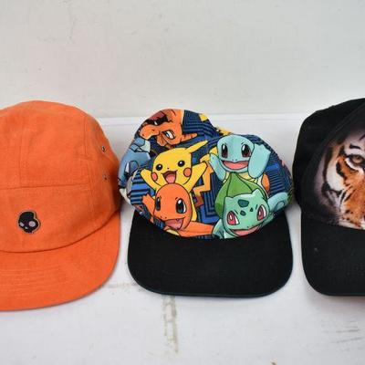 3 Hats: Orange Skull, Pokemon, Tiger Baseball Cap