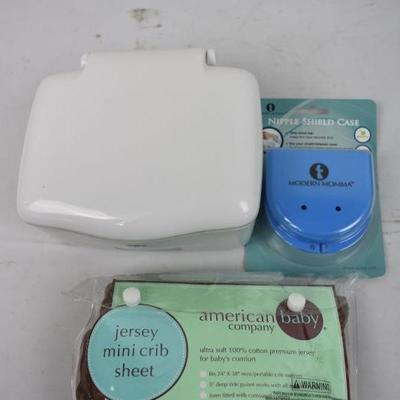 Baby Lot: Nipple Shield Case, Jersey Mini Crib Sheet, Wipes Dispenser