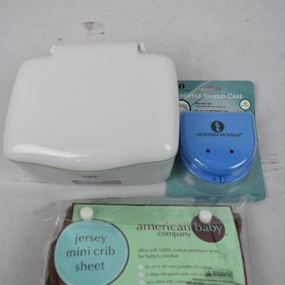 Baby Lot: Nipple Shield Case, Jersey Mini Crib Sheet, Wipes Dispenser