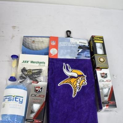 Golf Lot 3: TImer, Tees, 3 Boxes of Balls, 2 Towels