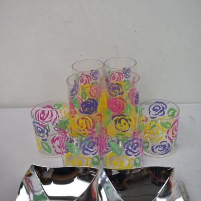 Colorful Rose Cups (8) & Silver Chrome Dishes (2)