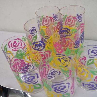 Colorful Rose Cups (8) & Silver Chrome Dishes (2)