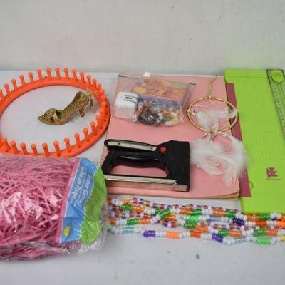 Craft Lot: Paper Cutter, Paper, Beads, Easter Grass (7 Bags) etc
