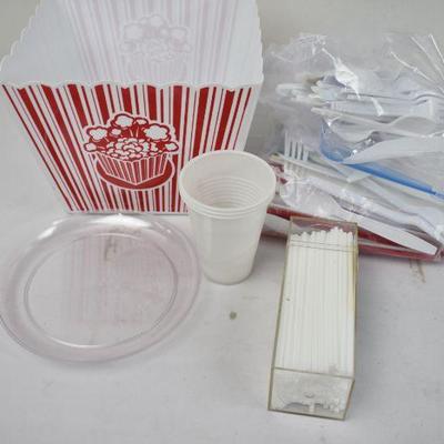 Popcorn Bucket, Plastic Utensils, Plastic Plates, Plastic Cups, Straws