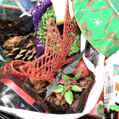 Various Christmas Tins, Pine Cones, & Ornaments