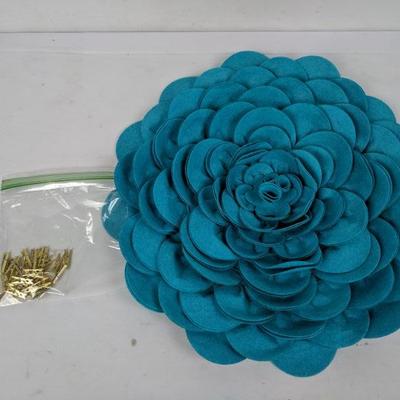 Hanging Teal Felt Flower Wall Decor w/ Small Clips To Hold Pictures
