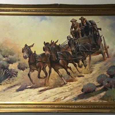 E. Nourse Original Stagecoach Oil on Canvas