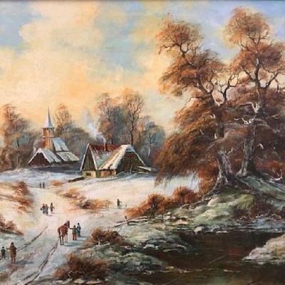 Signed Original Winter Scene Oil Painting