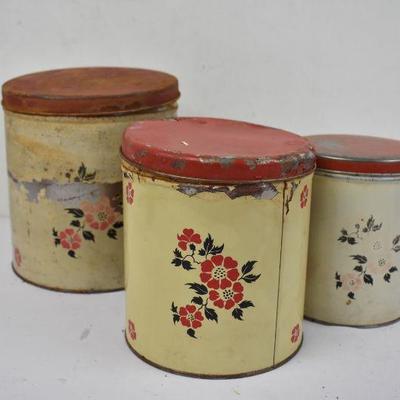 3 Vintage Round Flower Tins W/ Red Lid - Paint Chipping & Rust