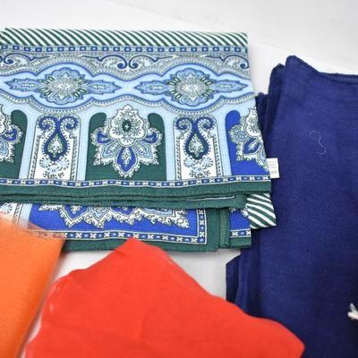 9 Vintage Handkerchiefs/Scarves: 5 Solids, 2 Red, 1 Blue, and 1 Green/Yellow