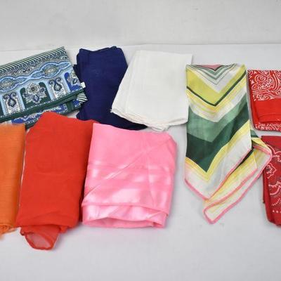9 Vintage Handkerchiefs/Scarves: 5 Solids, 2 Red, 1 Blue, and 1 Green/Yellow