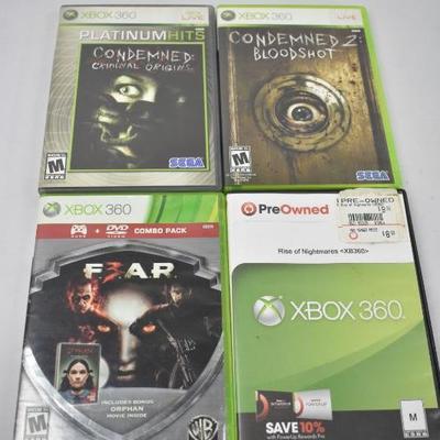 XBOX 360 Video Games, Qty 4: Condemned -to- Rise of Nightmares