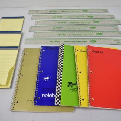 14 pc School: 6 Rulers, 5 Spiral Notebooks, 3 Small Notepads