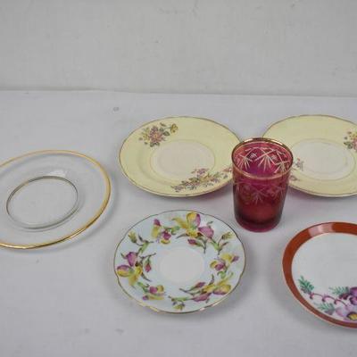 Vintage 5 Small Plates & Small Red Glass