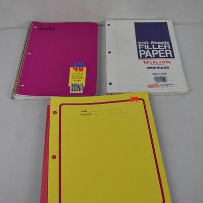 School Supplies: 5 Notebooks College Ruled, Loose Paper, 13 Folders