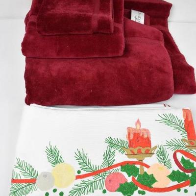 3 Pc Velvet Towels, Red & Festive Tablecloth