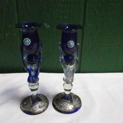 Lot 3 - 1 Pair Of Blue Art Glass Candlesticks