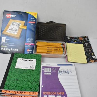 Misc School Supplies: Pencils, Container, Notepad, Loose Paper, Notebooks & More
