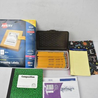Misc School Supplies: Pencils, Container, Notepad, Loose Paper, Notebooks & More