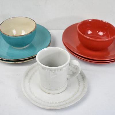 9 pc Dishes: Turquoise 2 Plates & 1 Bowl, Red 3 plates & 1 Bowl, Tan Plate & Cup