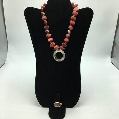 Lot 35 - Coral Necklace & Silver and Wood Ring
