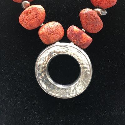 Lot 35 - Coral Necklace & Silver and Wood Ring