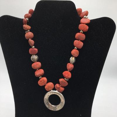 Lot 35 - Coral Necklace & Silver and Wood Ring