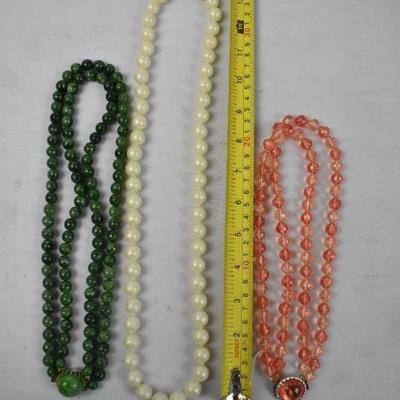 3 Vintage Necklaces: Beaded Green, Cream, & Coral